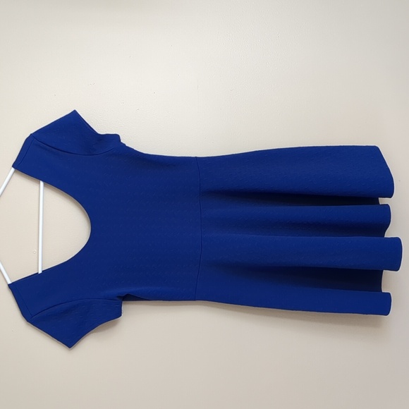 Blue Skater Dress Stretchy Planet Gold 16.5" Pit-to-pit - Picture 1 of 10